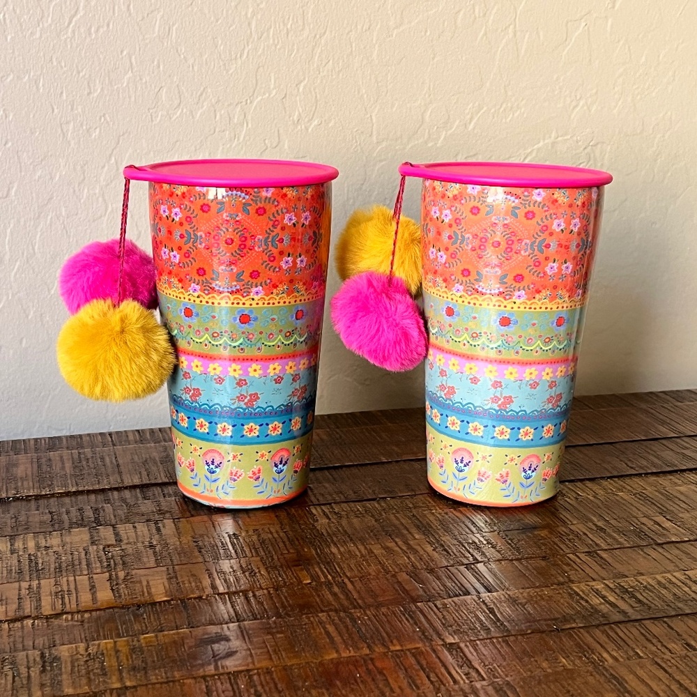 Natural Life Orange Borders Stainless Steel Pom-Pom Tumblers (set of 2) NWOT